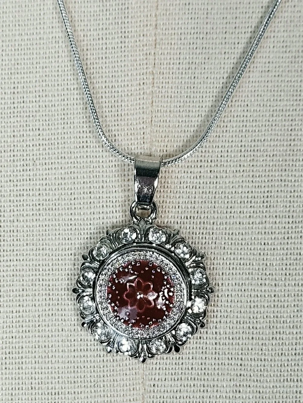 Silver Rhinestone Snap Necklace Green Pearl & Red Flower Interchangeable